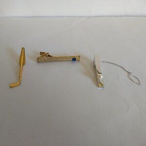 Tie Clip Lot 3 Gold & Silver Tone Golf Club Textured Pearl	Gold Club Hickok
